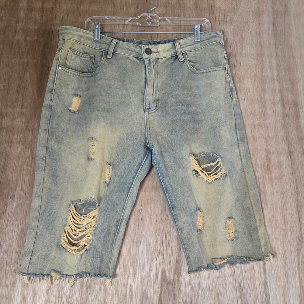 Mens Distressed Denim Shorts Size 36 Yellow Wash Ripped Frayed Hem Streetwear